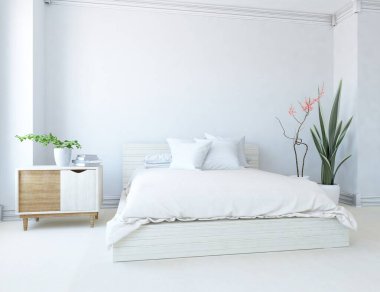 Beyaz yatak odalı, yataklı, ahşap zeminde güneş ışığı, büyük bir duvarda dekor. İç mekan olarak İskandinav tarzı. 3B illüstrasyon