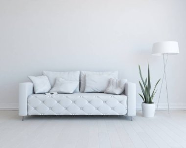 Beyaz oturma odasının içinde kanepe, ahşap zeminde güneş ışığı, büyük bir duvarda dekor. İç mekan olarak İskandinav tarzı. 3B illüstrasyon