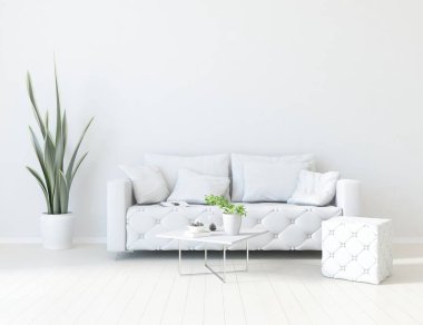 Beyaz oturma odasının içinde kanepe, ahşap zeminde güneş ışığı, büyük bir duvarda dekor. İç mekan olarak İskandinav tarzı. 3B illüstrasyon