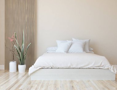 Beyaz yatak odalı, yataklı, ahşap zeminde güneş ışığı, büyük bir duvarda dekor. İç mekan olarak İskandinav tarzı. 3B illüstrasyon