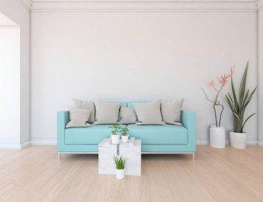 Beyaz oturma odasının içinde kanepe, ahşap zeminde güneş ışığı, büyük bir duvarda dekor. Renkli elementlerin iç mimarisi ile kuzeye dönük. 3B illüstrasyon