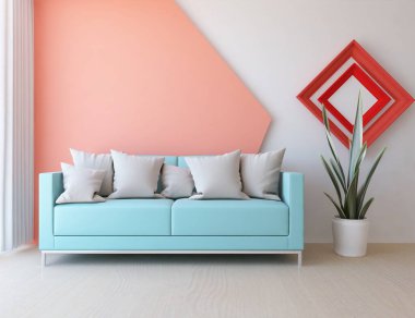 Beyaz oturma odasının içinde kanepe, ahşap zeminde güneş ışığı, büyük bir duvarda dekor. Renkli elementlerin iç mimarisi ile kuzeye dönük. 3B illüstrasyon