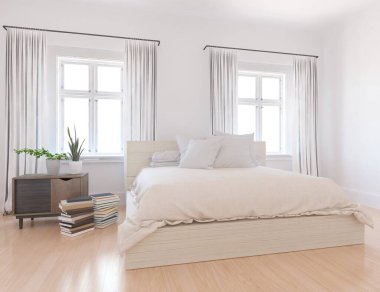 Beyaz yatak odalı, yataklı, ahşap zeminde güneş ışığı, büyük bir duvarda dekor. İç mekan olarak İskandinav tarzı. 3B illüstrasyon