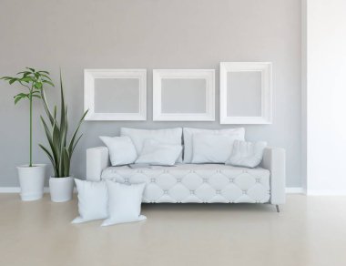 Beyaz oturma odasının içinde kanepe, ahşap zeminde güneş ışığı, büyük bir duvarda dekor. İç mekan olarak İskandinav tarzı. 3B illüstrasyon