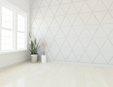 Büyük bir duvarı olan boş İskandinav aydınlatma odası fikri. Arkaplan iç mimarisi. İç mekan fikri. 3B illüstrasyon