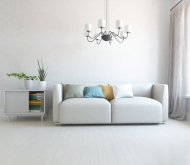 Beyaz oturma odasının içinde kanepe, ahşap zeminde güneş ışığı, büyük bir duvarda dekor. Renkli elementlerin iç mimarisi ile kuzeye dönük. 3B illüstrasyon