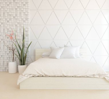 Beyaz yatak odalı, yataklı, ahşap zeminde güneş ışığı, büyük bir duvarda dekor. İç mekan olarak İskandinav tarzı. 3B illüstrasyon