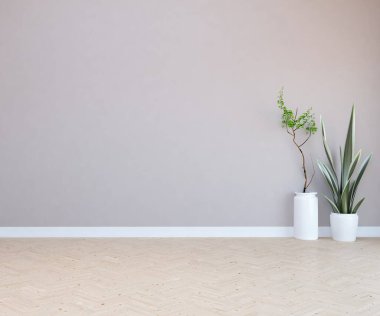 Geniş bir İskandinav aydınlatma odası fikri. Büyük bir duvarı var. Arkaplan iç mimarisi. Minimalist ev fikri iç mekan. 3B illüstrasyon