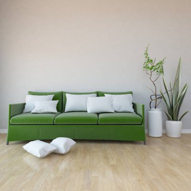 Beyaz oturma odasının içinde kanepe, ahşap zeminde güneş ışığı, büyük bir duvarda dekor. Renkli elementlerin iç mimarisi ile kuzeye dönük. 3B illüstrasyon