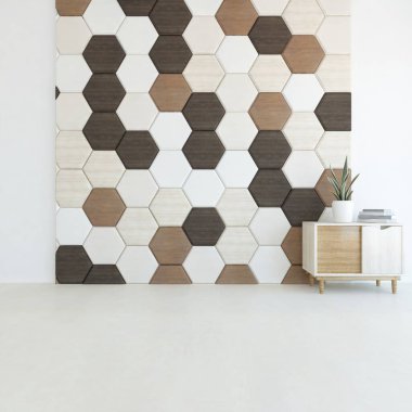 Geniş bir İskandinav aydınlatma odası fikri. Büyük bir duvarı var. Arkaplan iç mimarisi. Minimalist ev fikri iç mekan. 3B illüstrasyon