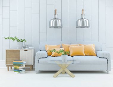 Beyaz oturma odasının içinde kanepe, ahşap zeminde güneş ışığı, büyük bir duvarda dekor. Renkli elementlerin iç mimarisi ile kuzeye dönük. 3B illüstrasyon