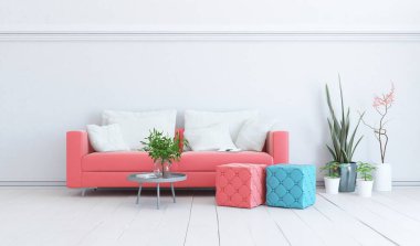 Mobilyalı beyaz minimalist oda. Renkli elementlerle dolu bir ev. 3B illüstrasyon