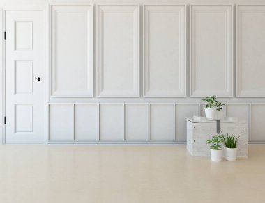 Büyük bir duvarı olan boş İskandinav aydınlatma odası fikri. Arkaplan iç mimarisi. İç mekan fikri. 3B illüstrasyon