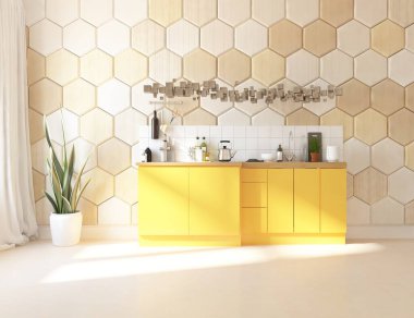 Açık bej renkli geniş mutfak odası. Yemek mobilyaları ve büyük duvarları var. Renkli elementlerin iç mimarisi ile kuzeye dönük. 3B illüstrasyon