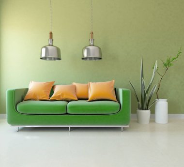 Yeşil oturma odasının içinde kanepe, ahşap zeminde güneş ışığı, büyük bir duvarda dekor. Renkli elementlerin iç mimarisi ile kuzeye dönük. 3B illüstrasyon