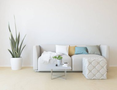 Mobilyalı beyaz minimalist oda. Renkli elementlerle dolu bir ev. 3B illüstrasyon