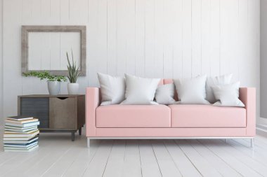 Beyaz oturma odasının içinde kanepe, ahşap zeminde güneş ışığı, büyük bir duvarda dekor. Renkli elementlerin iç mimarisi ile kuzeye dönük. 3B illüstrasyon