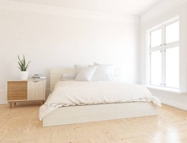 Beyaz yatak odalı, yataklı, ahşap zeminde güneş ışığı, büyük bir duvarda dekor. İç mekan olarak İskandinav tarzı. 3B illüstrasyon