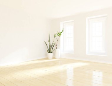 Geniş bir İskandinav aydınlatma odası fikri. Büyük bir duvarı var. Arkaplan iç mimarisi. Minimalist ev fikri iç mekan. 3B illüstrasyon