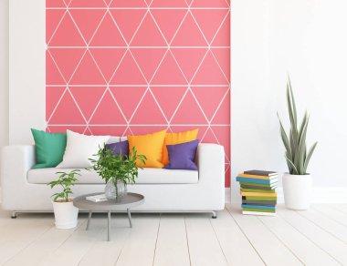 Mercan oturma odasının içinde kanepe, ahşap zeminde güneş ışığı, büyük bir duvarda dekor. Renkli elementlerin iç mimarisi ile kuzeye dönük. 3B illüstrasyon