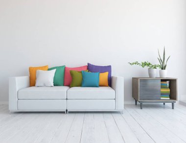 Mobilyalı beyaz minimalist oda. Renkli elementlerle dolu bir ev. 3B illüstrasyon