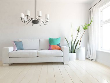 Mobilyalı beyaz minimalist oda. Renkli elementlerle dolu bir ev. 3B illüstrasyon