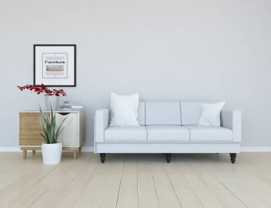 Mobilyalı beyaz minimalist oda. Renkli elementlerle dolu bir ev. 3B illüstrasyon