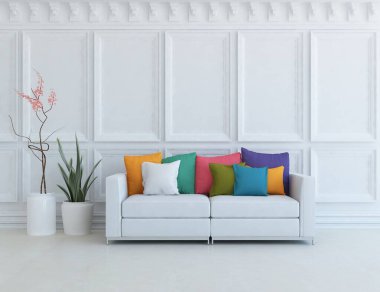 Mobilyalı beyaz minimalist oda. Renkli elementlerle dolu bir ev. 3B illüstrasyon