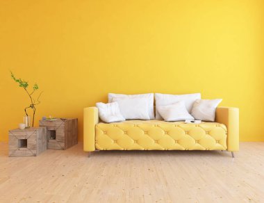 Sarı oturma odasının içinde kanepe, ahşap zeminde güneş ışığı, büyük bir duvarda dekor. İç mekan olarak İskandinav tarzı. 3B illüstrasyon