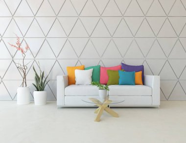 Mobilyalı beyaz minimalist oda. Renkli elementlerle dolu bir ev. 3B illüstrasyon