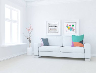 Mobilyalı beyaz minimalist oda. Renkli elementlerle dolu bir ev. 3B illüstrasyon