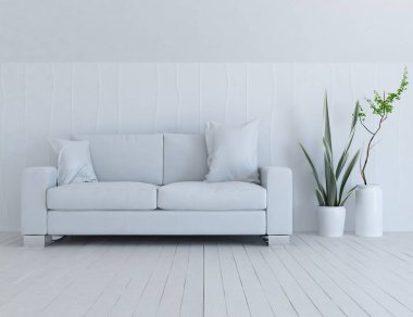 Beyaz oturma odasının içinde kanepe, ahşap zeminde güneş ışığı, büyük bir duvarda dekor. İç mekan olarak İskandinav tarzı. 3B illüstrasyon