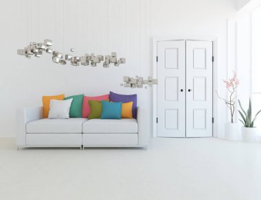 Mobilyalı beyaz minimalist oda. Renkli elementlerle dolu bir ev. 3B illüstrasyon