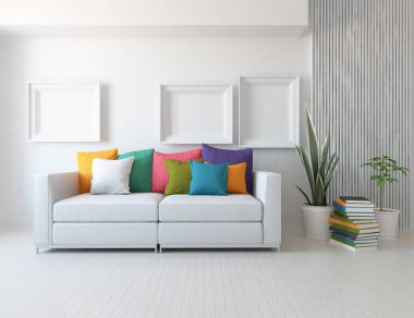 Mobilyalı beyaz minimalist oda. Renkli elementlerle dolu bir ev. 3B illüstrasyon
