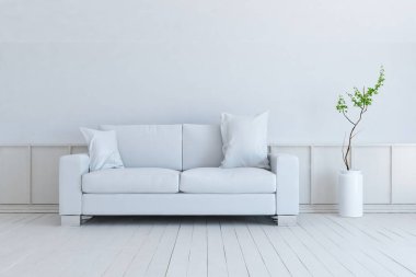 Beyaz oturma odasının içinde kanepe, ahşap zeminde güneş ışığı, büyük bir duvarda dekor. İç mekan olarak İskandinav tarzı. 3B illüstrasyon