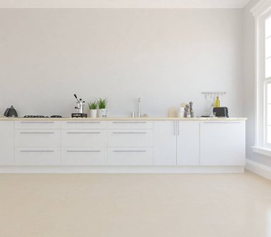 Geniş bir mutfak odası, yemek mobilyaları ve büyük duvarları var. Renkli elementlerin iç mimarisi ile kuzeye dönük. 3B illüstrasyon