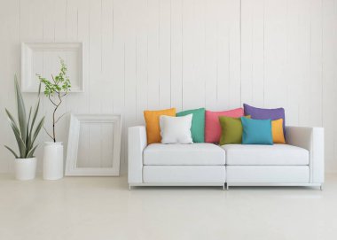Mobilyalı beyaz minimalist oda. Renkli elementlerle dolu bir ev. 3B illüstrasyon