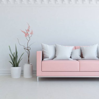 Beyaz oturma odasının içinde kanepe, ahşap zeminde güneş ışığı, büyük bir duvarda dekor. Renkli elementlerin iç mimarisi ile kuzeye dönük. 3B illüstrasyon