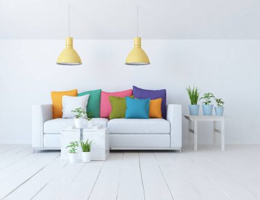 Mobilyalı beyaz minimalist oda. Renkli elementlerle dolu bir ev. 3B illüstrasyon