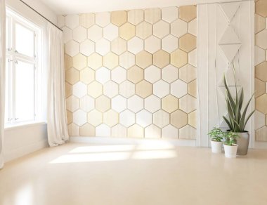 Büyük bir duvarı olan boş İskandinav açık bej oda fikri. Arkaplan iç mimarisi. İç mekan fikri. 3B illüstrasyon