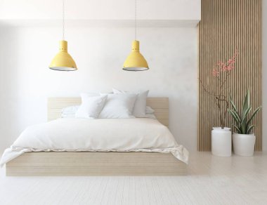 Beyaz yatak odalı, yataklı, ahşap zeminde güneş ışığı, büyük bir duvarda dekor. İç mekan olarak İskandinav tarzı. 3B illüstrasyon