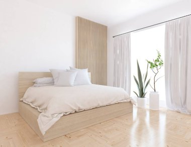 Beyaz yatak odalı, yataklı, ahşap zeminde güneş ışığı, büyük bir duvarda dekor. İç mekan olarak İskandinav tarzı. 3B illüstrasyon