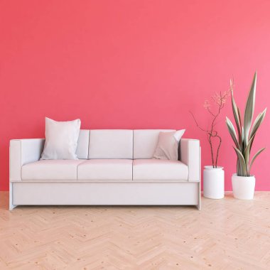 Mercan oturma odasının içinde kanepe, ahşap zeminde güneş ışığı, büyük bir duvarda dekor. İç mekan olarak İskandinav tarzı. 3B illüstrasyon