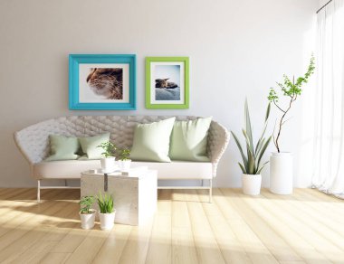 Mobilyalı beyaz minimalist oda. Renkli elementlerle dolu bir ev. 3B illüstrasyon