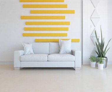 Beyaz oturma odasının içinde kanepe, ahşap zeminde güneş ışığı, büyük bir duvarda dekor. Renkli elementlerin iç mimarisi ile kuzeye dönük. 3B illüstrasyon