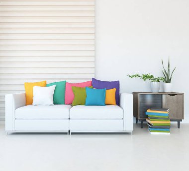 Mobilyalı beyaz minimalist oda. Renkli elementlerle dolu bir ev. 3B illüstrasyon