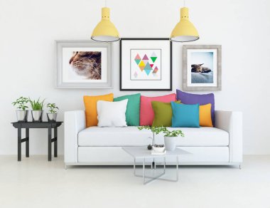 Mobilyalı beyaz minimalist oda. Renkli elementlerle dolu bir ev. 3B illüstrasyon