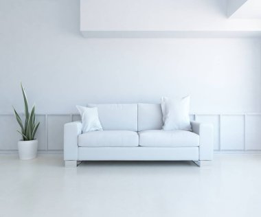 Mobilyalı beyaz minimalist oda. İç kısımları kuzeyli. 3B illüstrasyon