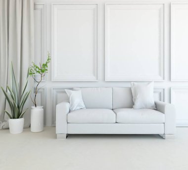 Mobilyalı beyaz minimalist oda. İç kısımları kuzeyli. 3B illüstrasyon