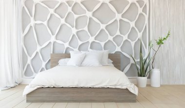 Gri yatak odalı, yataklı, ahşap zeminde güneş ışığı, büyük bir duvarda dekor. İç mekan olarak İskandinav tarzı. 3B illüstrasyon